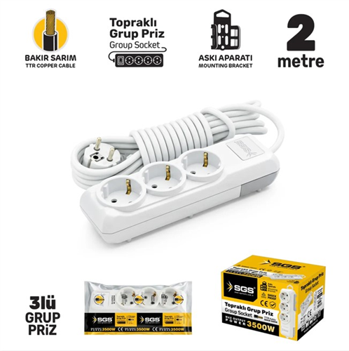 GRUP PRİZ TOPRAKLI 3'LÜ 2 METRE SGS3475
